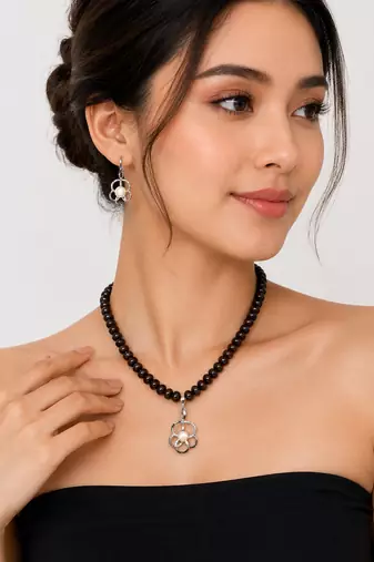 Dark Brown Freshwater Pearl Beaded Necklace and Earring Set with Silver Flower Pendant