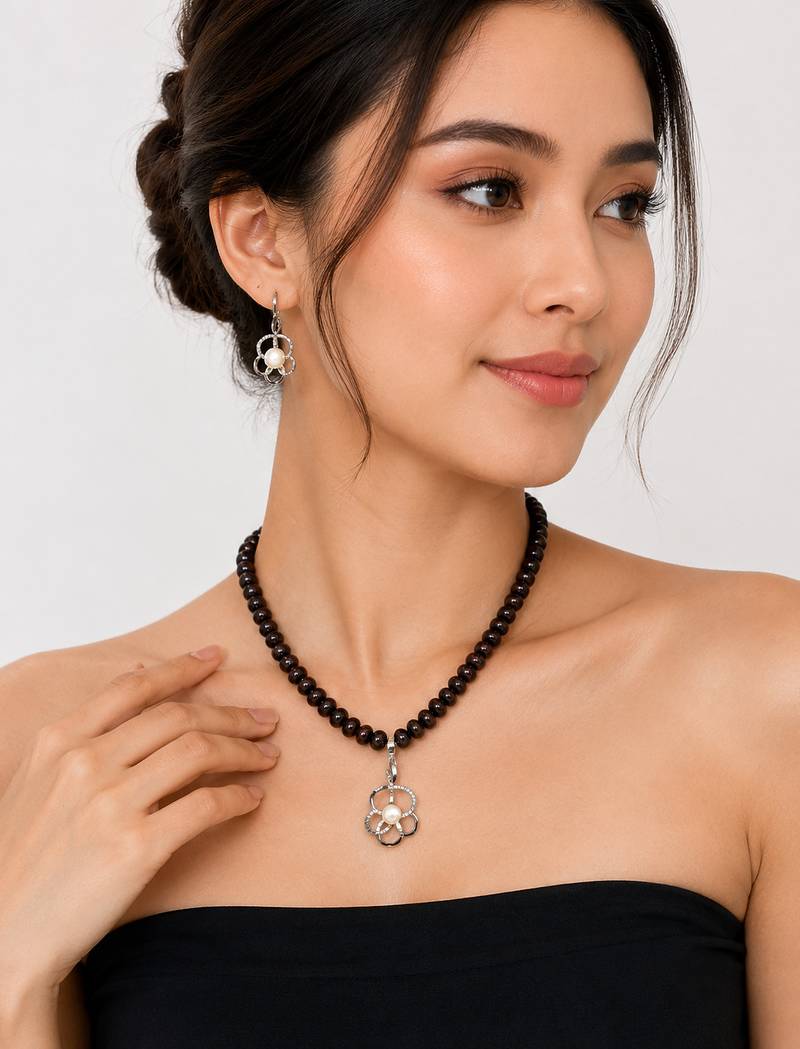 Dark Brown Freshwater Pearl Beaded Necklace and Earring Set with Silver Flower Pendant
