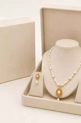 Pearl Necklace and Earring Set, White, Gold-Tone Oval Pendant, Freshwater Baroque Beads, Bridal Jewellery