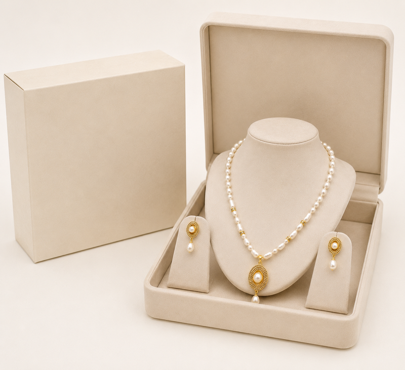 Pearl Necklace and Earring Set, White, Gold-Tone Oval Pendant, Freshwater Baroque Beads, Bridal Jewellery