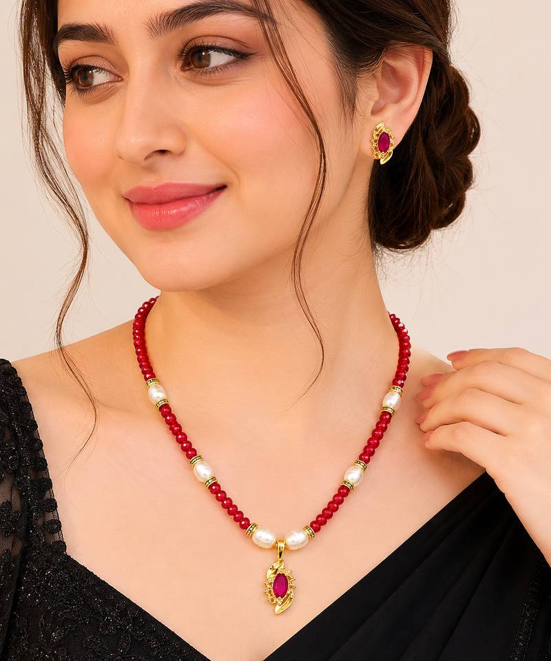 Red Crystal Beaded Necklace Set with Pearl Accents, Gold-Tone Ruby Pendant and Earrings