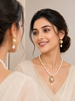 Pearl Beaded Necklace Set with CZ Round Pendant, White, Gold-Tone Accents, Earrings Included, Bridal Jewellery 3