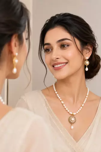Pearl Beaded Necklace Set with CZ Round Pendant, White, Gold-Tone Accents, Earrings Included, Bridal Jewellery