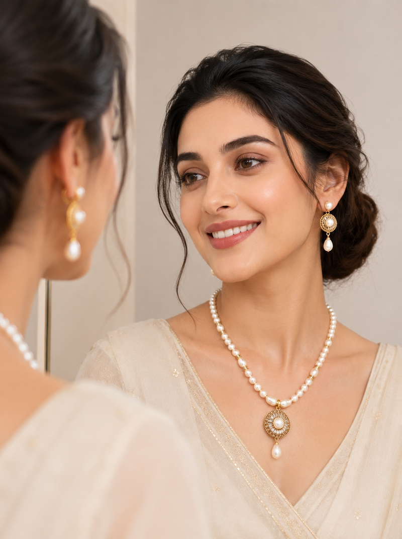 Pearl Beaded Necklace Set with CZ Round Pendant, White, Gold-Tone Accents, Earrings Included, Bridal Jewellery
