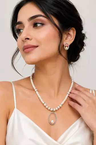 Pearl Beaded Necklace and Earring Set, White, Crystal Oval Pendant, Rhinestone Accents, Bridal Jewellery