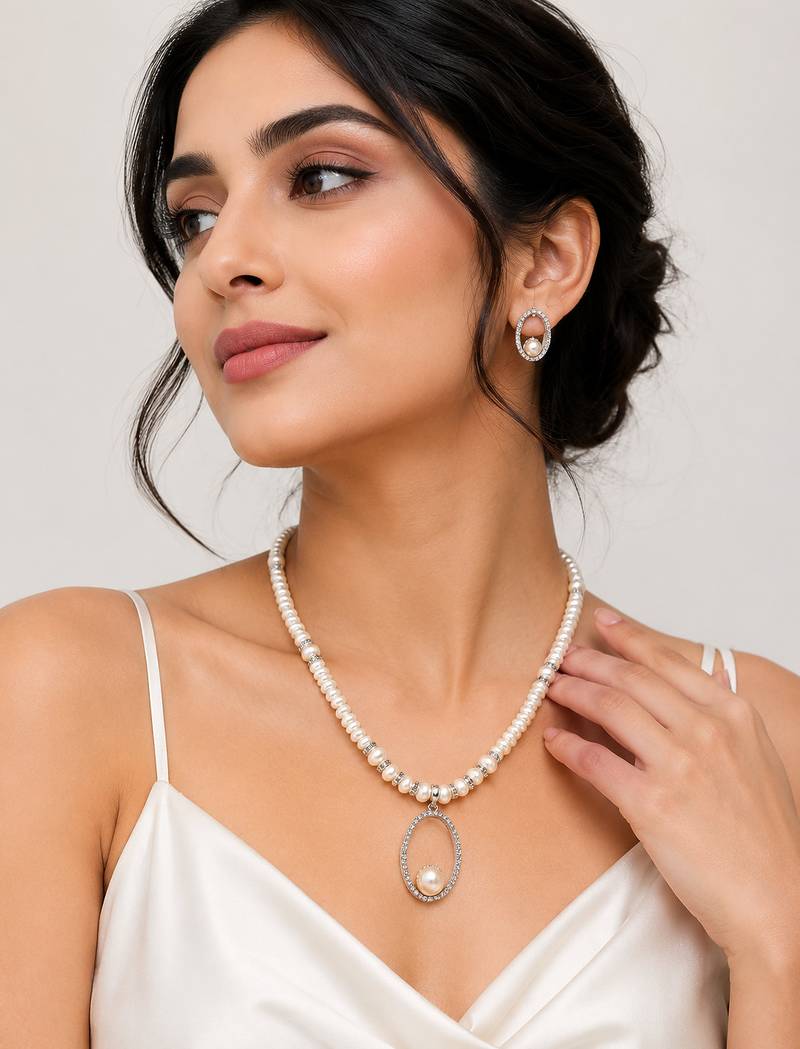 Pearl Beaded Necklace and Earring Set, White, Crystal Oval Pendant, Rhinestone Accents, Bridal Jewellery