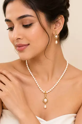Pearl Necklace and Earring Set, White, Gold-Toned Pendant, Freshwater Pearl, Bridal Jewellery
