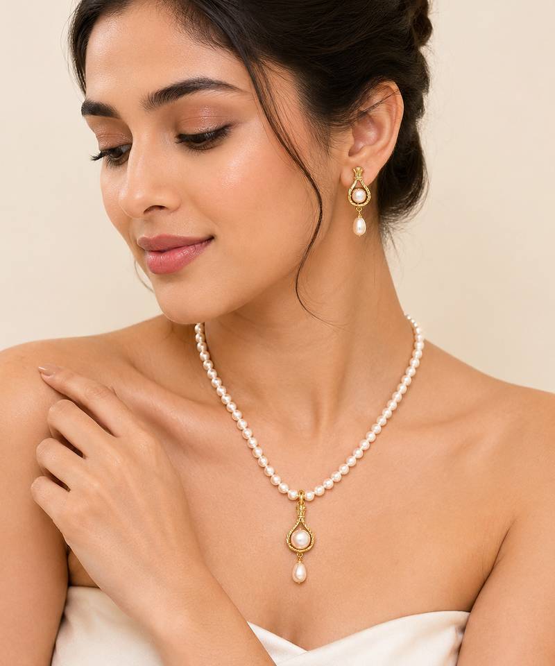 Pearl Necklace and Earring Set, White, Gold-Toned Pendant, Freshwater Pearl, Bridal Jewellery