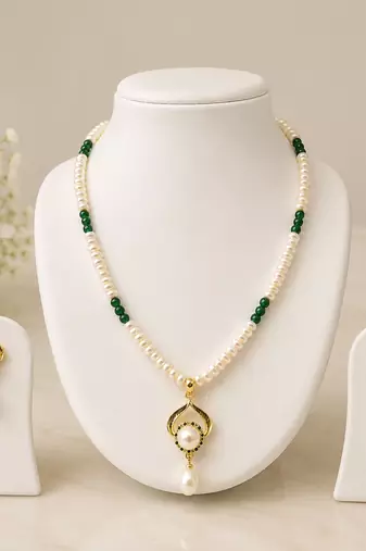 Pearl Necklace Set with Green Beads, Gold-Tone Pendant, Drop Earrings, White, Ethnic Style
