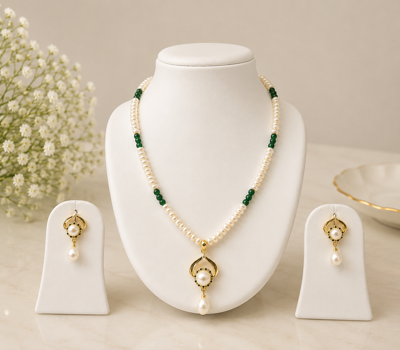 Pearl Necklace Set with Green Beads, Gold-Tone Pendant, Drop Earrings, White, Ethnic Style