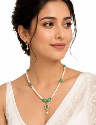 Pearl and Green Stone Necklace Set with Earrings, Gold-Tone Pendant, White and Green 2
