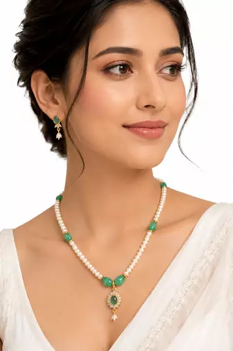 Pearl and Green Stone Necklace Set with Earrings, Gold-Tone Pendant, White and Green
