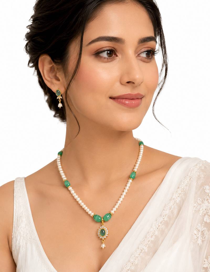 Pearl and Green Stone Necklace Set with Earrings, Gold-Tone Pendant, White and Green