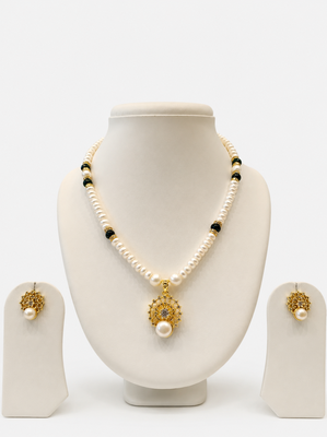 Pearl Beaded Necklace Set with Gold-Tone Pendant, Black Beads, Earrings Included, Traditional Indian Style 1