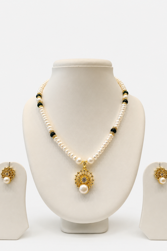 Pearl Beaded Necklace Set with Gold-Tone Pendant, Black Beads, Earrings Included, Traditional Indian Style