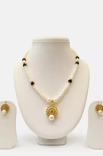 Pearl Beaded Necklace Set with Gold-Tone Pendant, Black Beads, Earrings Included, Traditional Indian Style