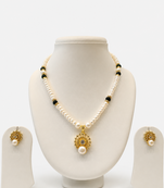 Pearl Beaded Necklace Set with Gold-Tone Pendant, Black Beads, Earrings Included, Traditional Indian Style