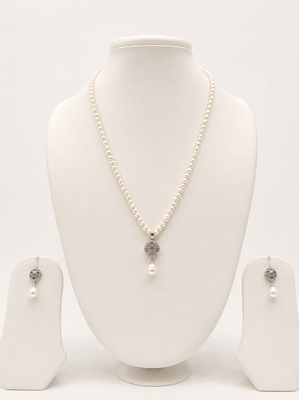 Pearl Necklace Set with CZ Pendant and Matching Drop Earrings, White, Silver-Tone, Bridal Jewellery 1