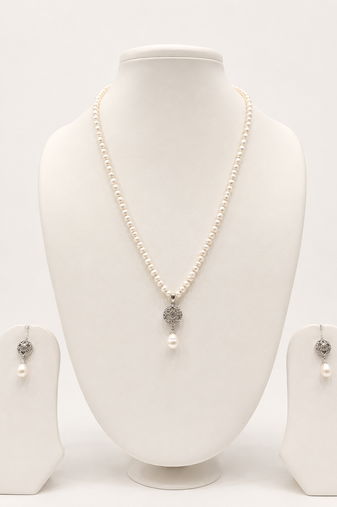 Pearl Necklace Set with CZ Pendant and Matching Drop Earrings, White, Silver-Tone, Bridal Jewellery