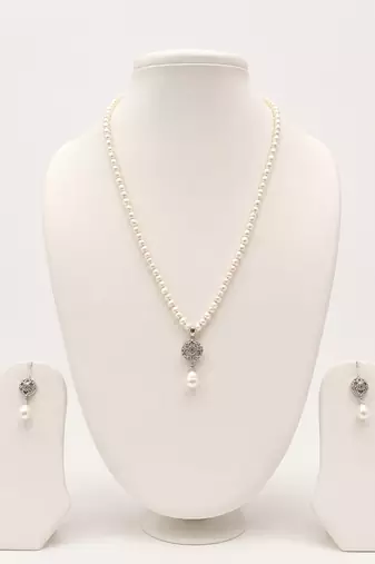 Pearl Necklace Set with CZ Pendant and Matching Drop Earrings, White, Silver-Tone, Bridal Jewellery