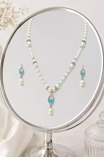 Pearl Necklace Set with Blue Stone Pendant and Drop Earrings, White, Silver-Tone