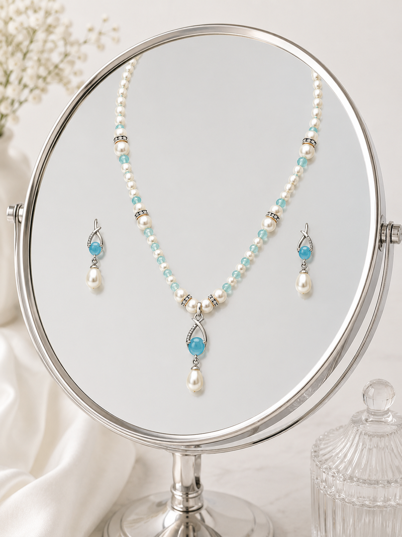 Pearl Necklace Set with Blue Stone Pendant and Drop Earrings, White, Silver-Tone