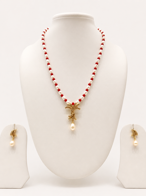 Pearl and Red Coral Beaded Necklace Set with Gold-Tone Pendant, Drop Earrings, Traditional Indian Style 3
