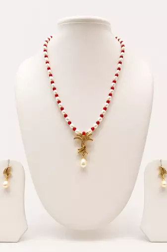 Pearl and Red Coral Beaded Necklace Set with Gold-Tone Pendant, Drop Earrings, Traditional Indian Style