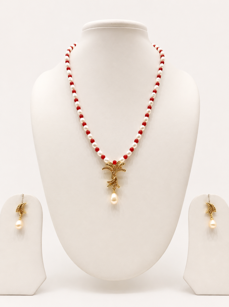 Pearl and Red Coral Beaded Necklace Set with Gold-Tone Pendant, Drop Earrings, Traditional Indian Style