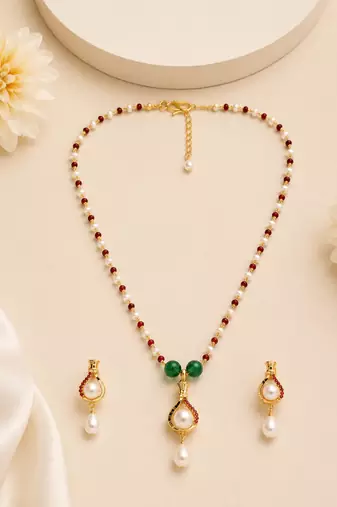 Pearl Necklace Set with Ruby Red and Emerald Green Beads, Gold-Toned Pendant, Earrings Included