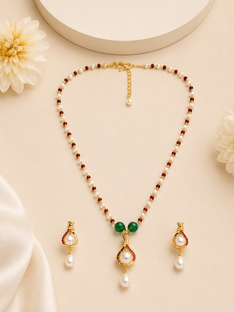 Pearl Necklace Set with Ruby Red and Emerald Green Beads, Gold-Toned Pendant, Earrings Included