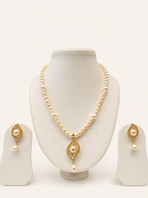 Pearl Necklace and Earring Set, White, Gold-Tone Pendant, Bridal Jewellery Set 1