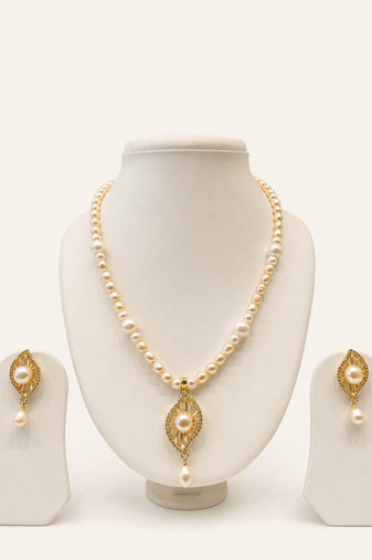 Pearl Necklace and Earring Set, White, Gold-Tone Pendant, Bridal Jewellery Set