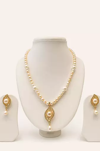 Pearl Necklace and Earring Set, White, Gold-Tone Pendant, Bridal Jewellery Set