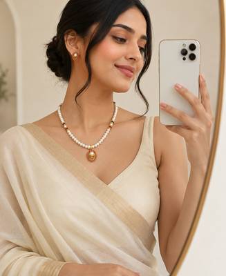 Pearl Beaded Necklace and Earrings Set, White, Gold-Toned Oval Pendant, Red and Black, Traditional Indian Jewellery 3