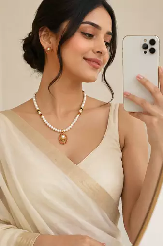 Pearl Beaded Necklace and Earrings Set, White, Gold-Toned Oval Pendant, Red and Black, Traditional Indian Jewellery
