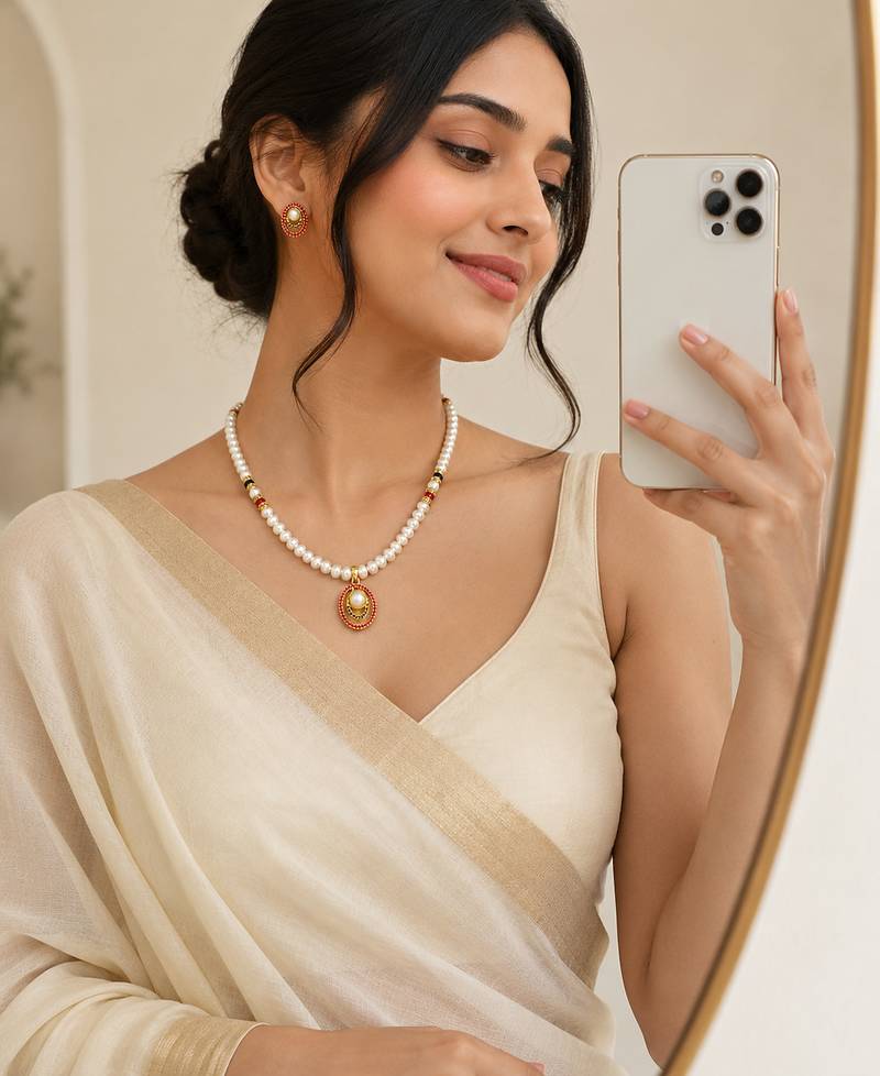 Pearl Beaded Necklace and Earrings Set, White, Gold-Toned Oval Pendant, Red and Black, Traditional Indian Jewellery