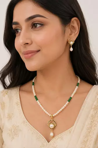 Pearl Necklace Set with Green Beads, Gold-Tone Pendant, Drop Earrings, White, Ethnic Style