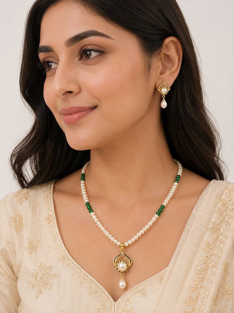 Pearl Necklace Set with Green Beads, Gold-Tone Pendant, Drop Earrings, White, Ethnic Style