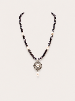 Freshwater Pearl Necklace Set, Single Line, Natural Real Pearls, Black and White, with Matching Earrings 4