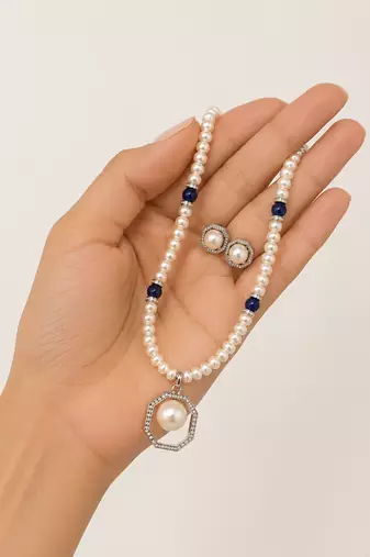 Pearl Beaded Necklace Set with Octagonal Pendant, Blue Stone Accents, Stud Earrings, White