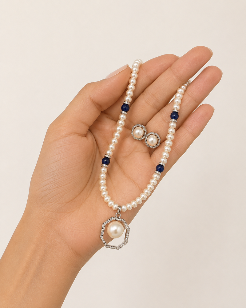 Pearl Beaded Necklace Set with Octagonal Pendant, Blue Stone Accents, Stud Earrings, White