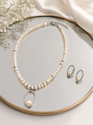 Pearl Beaded Necklace and Earring Set, White, Crystal Oval Pendant, Rhinestone Accents, Bridal Jewellery 3