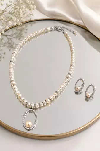 Pearl Beaded Necklace and Earring Set, White, Crystal Oval Pendant, Rhinestone Accents, Bridal Jewellery