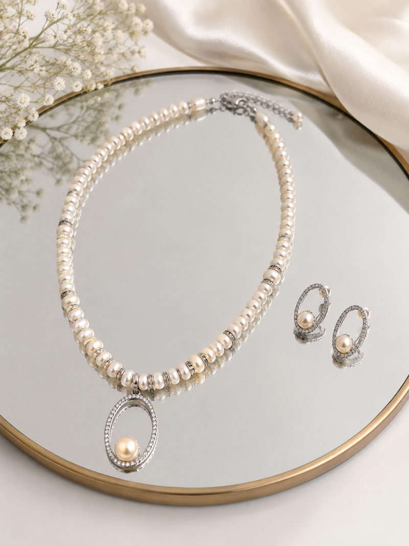 Pearl Beaded Necklace and Earring Set, White, Crystal Oval Pendant, Rhinestone Accents, Bridal Jewellery