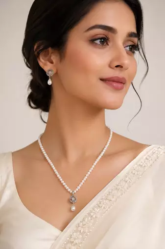 Pearl Necklace Set with CZ Pendant and Matching Drop Earrings, White, Silver-Tone, Bridal Jewellery