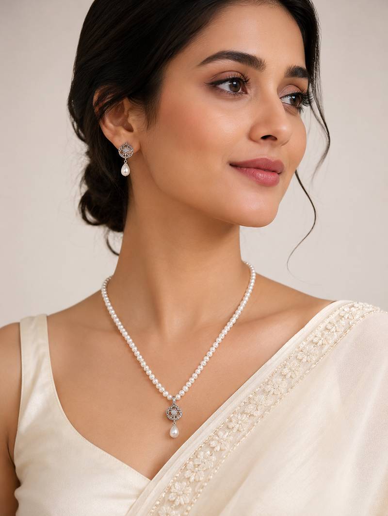 Pearl Necklace Set with CZ Pendant and Matching Drop Earrings, White, Silver-Tone, Bridal Jewellery
