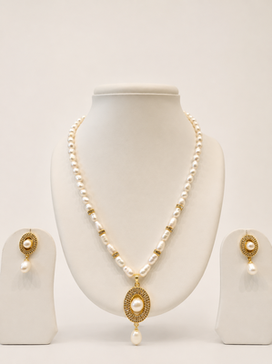 Pearl Necklace and Earring Set, White, Gold-Tone Oval Pendant, Freshwater Baroque Beads, Bridal Jewellery 1
