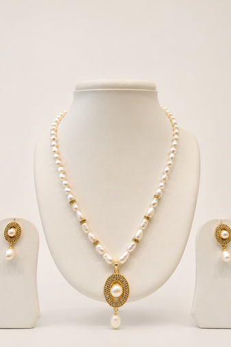 Pearl Necklace and Earring Set, White, Gold-Tone Oval Pendant, Freshwater Baroque Beads, Bridal Jewellery