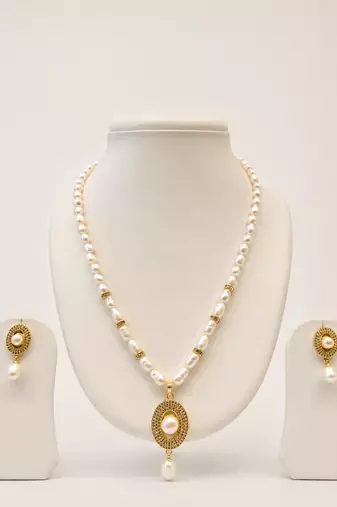 Pearl Necklace and Earring Set, White, Gold-Tone Oval Pendant, Freshwater Baroque Beads, Bridal Jewellery